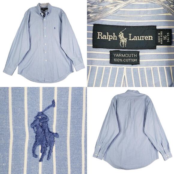 Polo Ralph Lauren Shirt Mens Size Large L 16 Button Down Blue Stripe Yarmouth - Picture 1 of 10